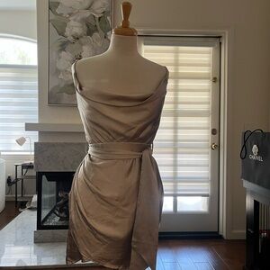Elegant Satin Cowl Neck Dress in Champagne